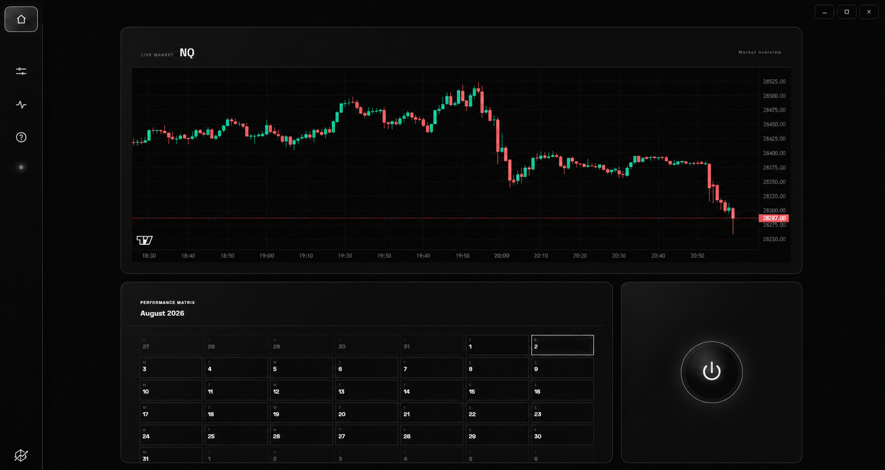 Synaptic customer dashboard showing an NQ chart, performance calendar and system controls in dark mode